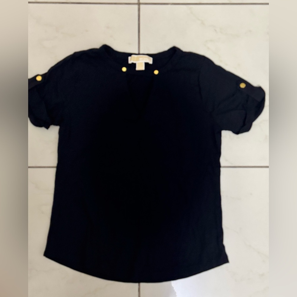 Michael Kors Black Short Sleeve V-Neck Blouse with Gold Buttons